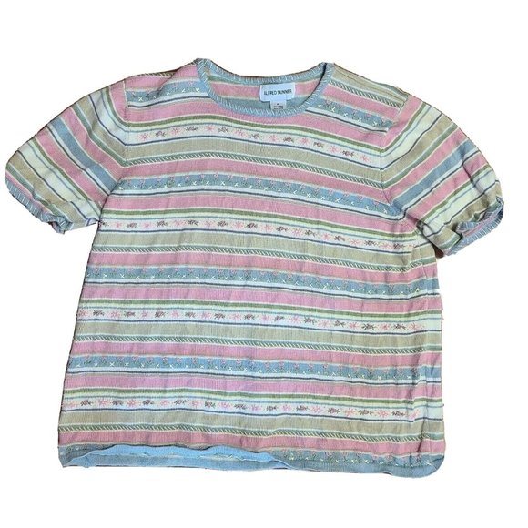 ALFRED DUNNER Pink Blue Green Striped Beaded Short Sleeve Top Womens Size XL - Picture 1 of 5